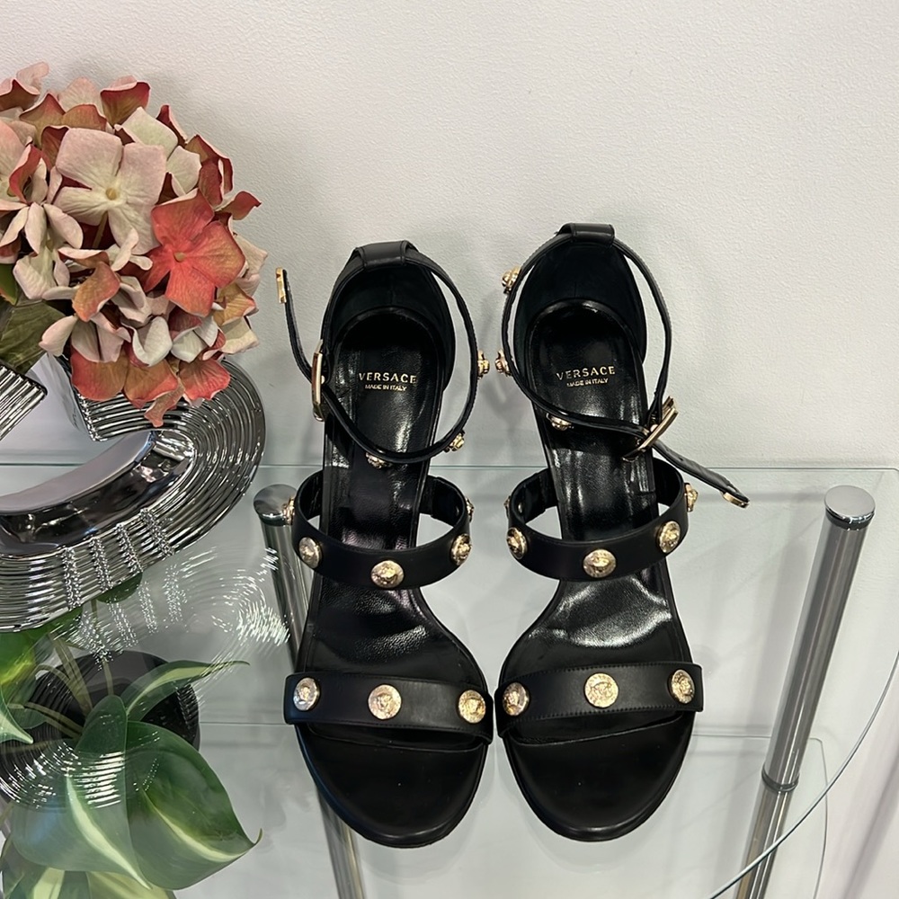 Versace Black Sandals with Gold Accents